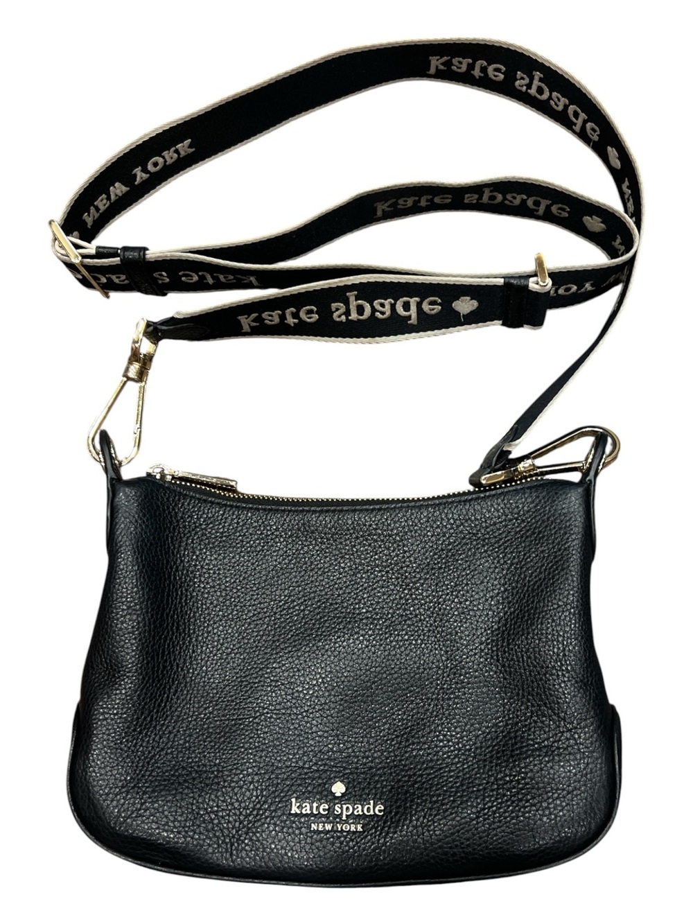 Kate Spade Rosie Black Pebbled Leather Logo Strap Zipper Crossbody Black Bag